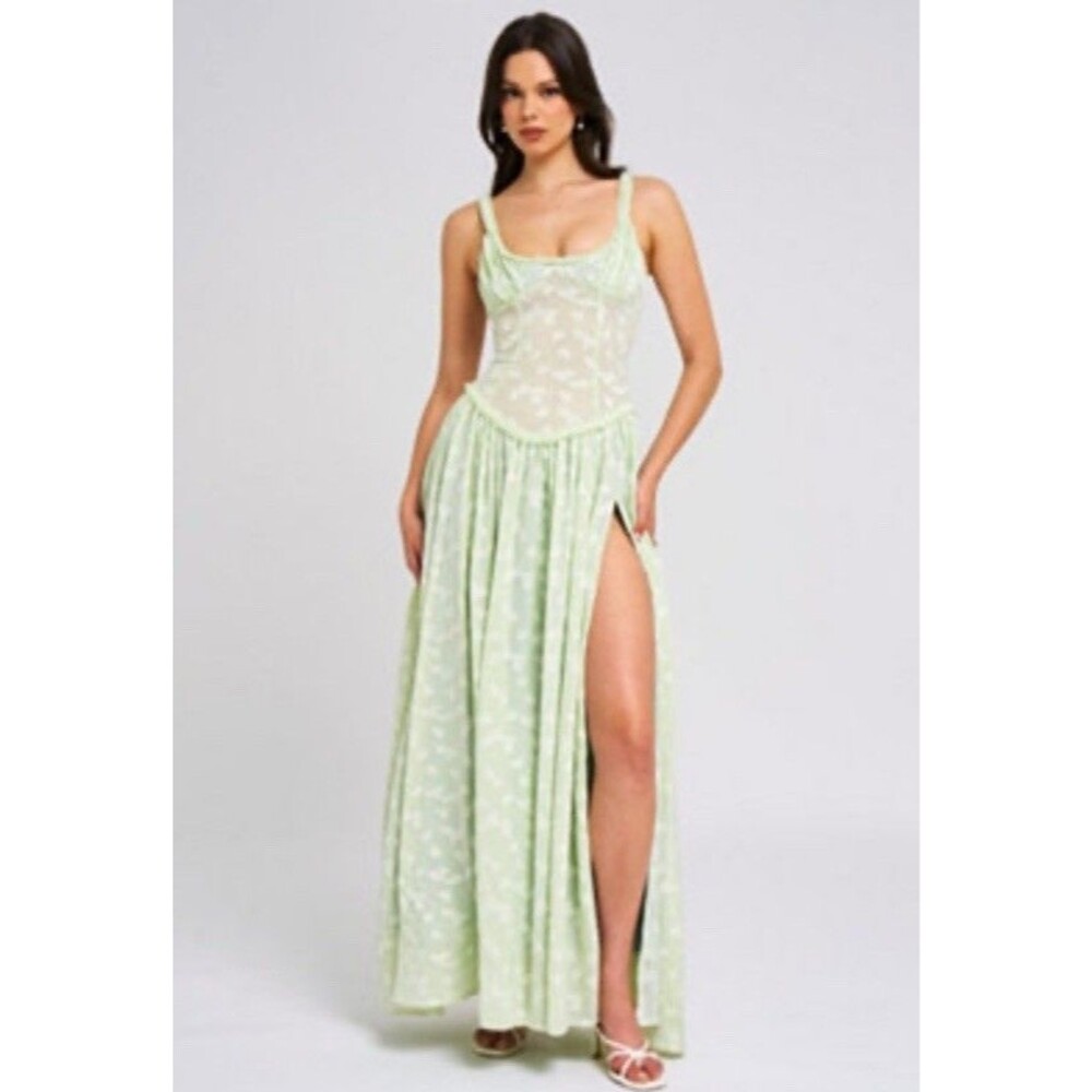 Unbranded Size S Ulissa Midi Dress Green Lace Jaquard Sweetheart Basque Waist